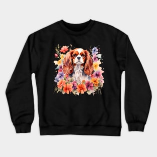 A cavalier king charles spaniel decorated with beautiful watercolor flowers Crewneck Sweatshirt